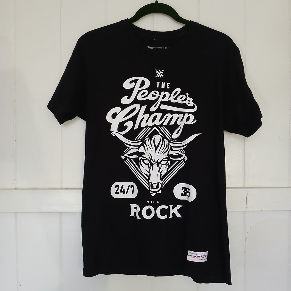 Mitchell & Ness × WWE T-Shirt The Rock Peoples' Champ Men's Medium Black Cotton‎